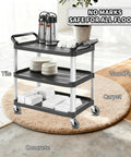 Front view of a rolling utility cart with three gray shelves and four caster wheels