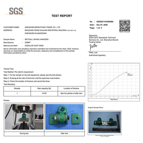 Test report for Beefy 10000 Lb Heavy Duty Swing Hanger Set with images of tensile test samples and graph