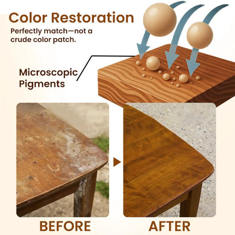 Super Easy Wood Repair Kit For Furniture And Floors No Sanding Scratch Remover That Erases Nicks And Dents In Seconds Blends Like New And Looks Pro Grade Finish Two Pack showing before and after use.
