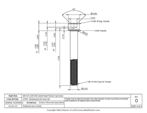 Pack Of 3 Grade 5 Titanium Socket Head Cap Screws 3/8-16 X 2-3/4 UNC technical drawing with measurements and specifications.