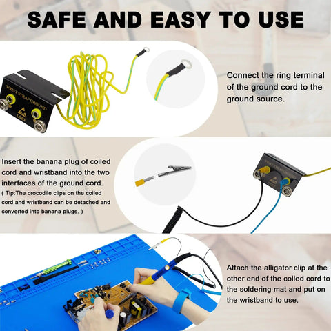 Extra Large Pro Grade Soldering Mat With Wrist Strap 23.6 By 13.8 Inches Heat Resistant 932 F Silicone Workbench Pad for Electronics Phones Laptops Repair Blue Includes ESD Wrist Strap Kit shown with connection instructions.