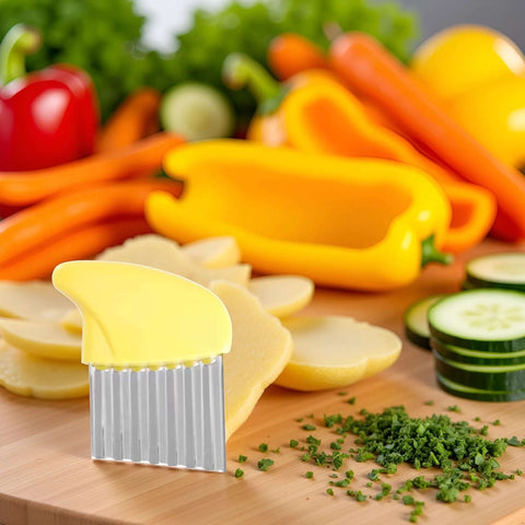 Front view of yellow crinkle cutter with stainless steel ribbed blade for potatoes and vegetables.