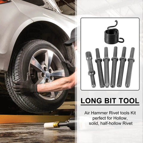 Heavy Duty 7 Piece Pneumatic Air Rivet Hammer Kit With 6 Durable Steel Chisels And Nuts For Smooth Metal Shaping Jobs Perfect For Solid Half Hollow And Hollow Riveting Tasks In Any Workshop Setting. on car wheel