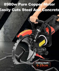 Heavy Duty 16 Inch Electric Concrete Ring Saw With A Beast Mode 8980 Watt Motor And Water Cooling System For Knocking Out Smooth Masonry Cuts Up To 29 Cm Deep, showing user holding the saw.