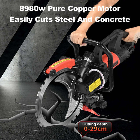 Heavy Duty 16 Inch Electric Concrete Ring Saw With A Beast Mode 8980 Watt Motor And Water Cooling System For Knocking Out Smooth Masonry Cuts Up To 29 Cm Deep, showing user holding the saw.