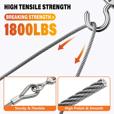 High tensile strength display of Straight Up Heavy Duty 1/8 Inch Stainless Steel Cable Kit Includes 100 Feet Wire Rope.