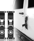 Heavy Duty Kickass Door Hinge Steps For Jeep Wrangler Jk Jku Roof Rack Access With Integrated Bottle Opener, black metal, mounted on door.