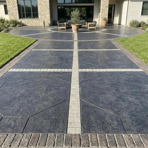 Driveway with Stack Bond Brick Border Concrete Stamp Set of 3 Durable Polyurethane Stamps for Patios, 31 by 9 inches.