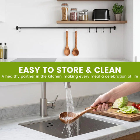 Premium Italian Olive Wood Ladle Kitchen Spoon That Totally Slaps With 12 Inch Long Handle washing under faucet in kitchen.