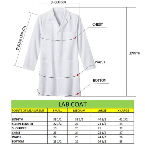 White Unisex Lab Coat With Long Sleeves, Breathable Polyester And Cotton Blend, size chart and garment measurements