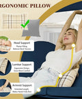 Woman relaxing on Three-Seat Outdoor Porch Swing With Adjustable Canopy, showing ergonomic pillow use for lumbar and neck support