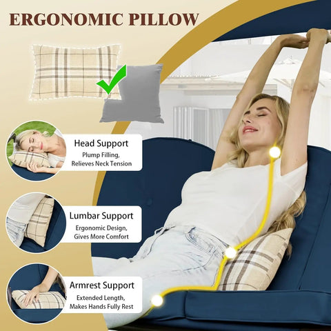 Woman relaxing on Three-Seat Outdoor Porch Swing With Adjustable Canopy, showing ergonomic pillow use for lumbar and neck support