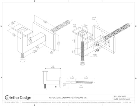 Technical drawing of satin stainless steel square handrail wall bracket for slim flat bottom tubes, showcasing detailed measurements.