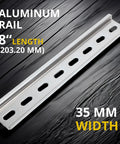 8 Piece Slotted Aluminum DIN Rail Kit 8 Inch Long 35mm Wide Includes Stainless Steel Screws For Mounting Relays Contactors Circuit Breakers And Terminal Blocks RoHS Compliant shown on wooden surface