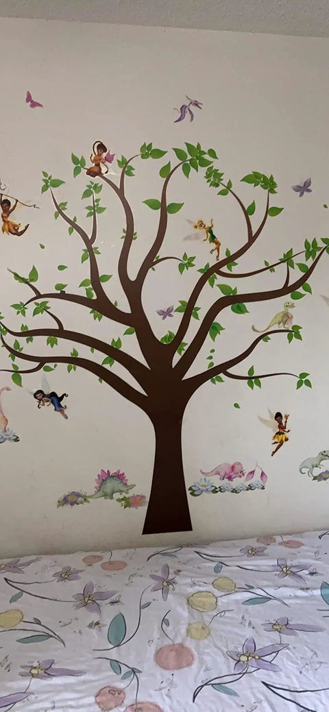Giant Cartoon Brown Tree Wall Decals Set with Peel and Stick Leaves in nursery, removable wall sticker showing playful fairies.