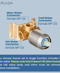 Brushed Nickel Rain Shower System With 8 Inch Square Showerhead valve connectors, showing female NPT 1/2 fittings.