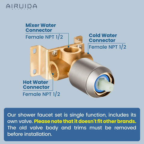 Brushed Nickel Rain Shower System With 8 Inch Square Showerhead valve connectors, showing female NPT 1/2 fittings.