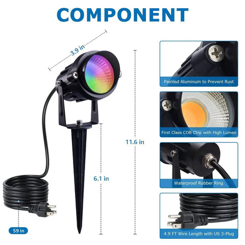 12W RGBW Lit Outdoor Landscape Lights With Remote Control Waterproof 120V Color Changing Spotlights showing components and dimensions