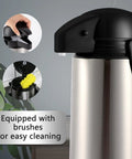 68 Oz Thermal Coffee Carafe With Pump Stainless Steel Insulated Dispenser with cleaning brushes shown near lid