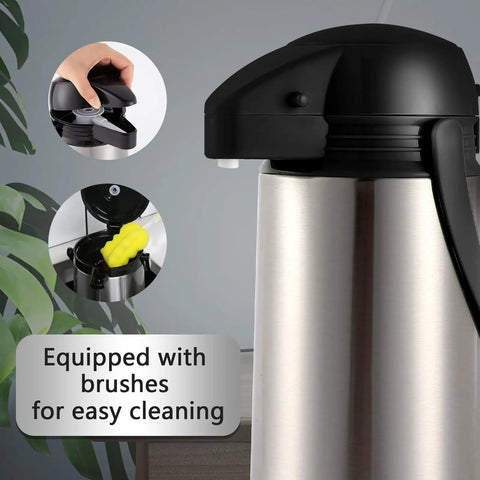 68 Oz Thermal Coffee Carafe With Pump Stainless Steel Insulated Dispenser with cleaning brushes shown near lid