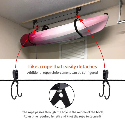 Heavy Duty Ceiling Hoist System For Garage Storage With Aluminum Construction, 125 Lb Capacity Overhead Lift installed with kayak