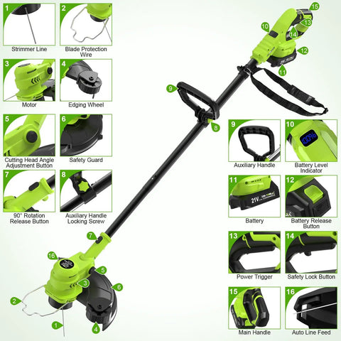 Cordless 21V Weed Wacker And Edger 2 In 1 With Wheels Includes 2 Batteries And Charger 12 Inch Auto Line Feed electric trimmer