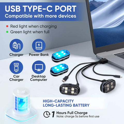 Upgraded 4 LED Wireless Strobe Lights With Remote Dope 8 Color Modes Type C Rechargeable setup with charging cables