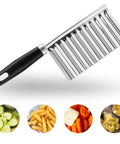 Litoexpe crinkle cutter with black handle and stainless steel wavy blade for vegetables, angled front view
