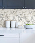 Breezy Peel And Stick Botanical Wallpaper In Gray, Removable Self Adhesive Wall Covering For Easy Install, kitchen view.