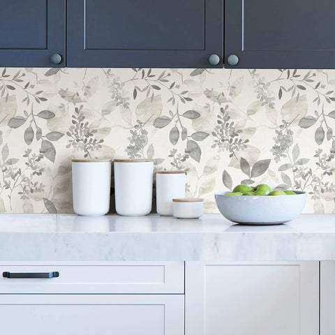 Breezy Peel And Stick Botanical Wallpaper In Gray, Removable Self Adhesive Wall Covering For Easy Install, kitchen view.