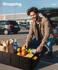 Man using Foldable Trunk Organizer For Cars And SUVs With Dual Large Compartments And Six Mesh Pockets in a parking lot