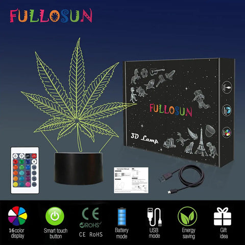 3D Illusion Night Light With Remote, 16 Color Changing LED Lamp For Table Desk And Bedroom Decor, with leaf design