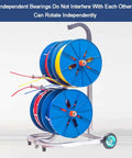 Rugged Wire Spool Rack For Shops And Job Sites with multiple blue spools on cold rolled steel frame, showing independent bearing rotation.