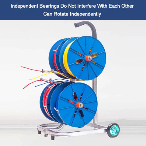 Rugged Wire Spool Rack For Shops And Job Sites with multiple blue spools on cold rolled steel frame, showing independent bearing rotation.