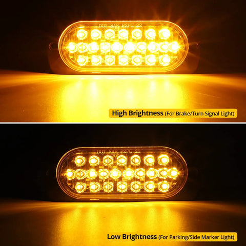 Amber LED Turn Signal Side Marker Lights 4.4 Inch 2 Pack, 24 High Power SMD LEDs, DOT Approved, showing high and low brightness modes.