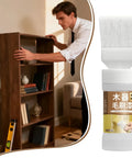Man assembling wooden shelf with Quick Restoration Wood Paint for Cabinets and Furniture, 180g, Scratch Fix in foreground.