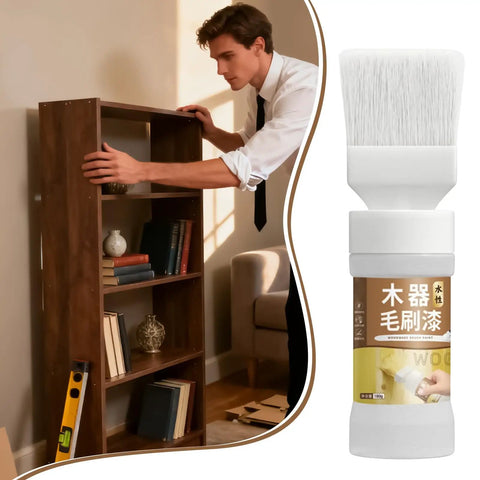 Man assembling wooden shelf with Quick Restoration Wood Paint for Cabinets and Furniture, 180g, Scratch Fix in foreground.