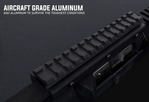 Close-up of Picatinny Riser Mount With Recoil Stop Base Lockdown V3 Five Point Five Inch Length 13 Slot Low Profile Rail Mount