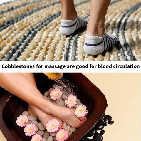 Person walking on polished river rock gravel set 0.5-1.2 inch natural mixed color pebbles for decor yard vibe path garden aquarium or terrarium.