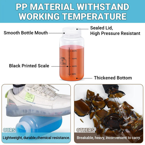 Wide Mouth Plastic Bottles With Airtight Lids Set 8.8oz 260ml Leak Proof Transparent PP Containers For Lab Or Home Use Water Samples Reagent Liquids Medicine Storage Jars Graduated, clear graduated bottle