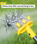 Heavy Duty Rotary Cultivator With Extra Large Tines And 74 Inch Long Handle being rinsed after use on a lawn