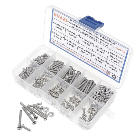 Solid As A Rock 260 Piece 4-40 Unc Button Head Socket Cap Screws Paired With Matching Hex Nuts 304 Stainless Steel Hardware Assortment Kit in clear box.