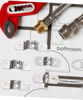 Pro Grade Heavy Duty Stainless Steel U Clamp Pipe Repair Kit 50 Pack shown with wrench and connectors on bathroom plan.