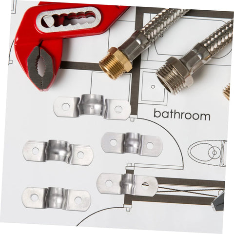 Pro Grade Heavy Duty Stainless Steel U Clamp Pipe Repair Kit 50 Pack shown with wrench and connectors on bathroom plan.