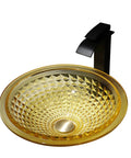 USZWBY Bathroom Vessel Sink Vanity Tempered Glass Vessel Bowl Sink Round with gold diamond pattern and black waterfall faucet.