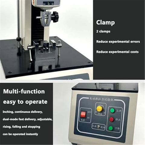All In One Digital Tensile Testing Machine With Force Gauge For Pull And Tension Tests, 450 Mm Stroke, 999 Data Storage, Includes 2 Clamps And 5 Probes For Wire Harness And Terminal Tensile Testing, Pro Grade Shop Floor Workhorse clamp setup and control panel