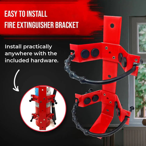 Heavy Duty Fire Extinguisher Mounting Bracket Kit For 2.5 Lb And 5 Lb Extinguishers displayed on wall with included hardware
