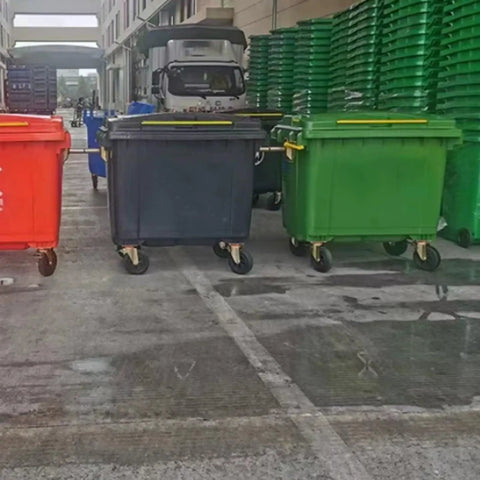 All Season Heavy Duty Outdoor Trash Roll Cart With Spacious Commercial Waste Bin And Smooth Caster Wheels, various colors in use.