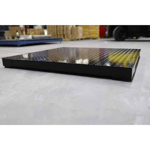 Built Different Digital Industrial Floor Scale Rock Solid Alloy Steel Platform 48 By 48 Inches for warehouse use, side view.