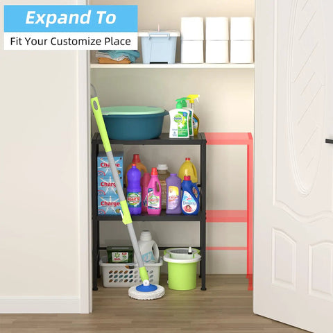 Two Tier Expandable Metal Storage Shelves Built For Tough Use With Adjustable Heights From 18.7 To 28.3 Inches Heavy Duty 150 Lbs Per Shelf Utility Rack For Kitchen Garage Laundry Bathroom Pantry And Warehouse in closet with cleaning supplies